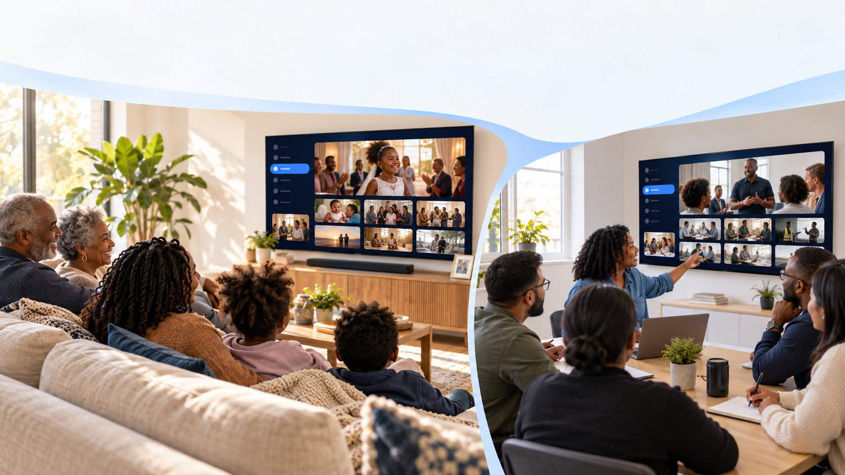 Illustration of a family enjoying a milestone video at home and an organization reviewing a training recording