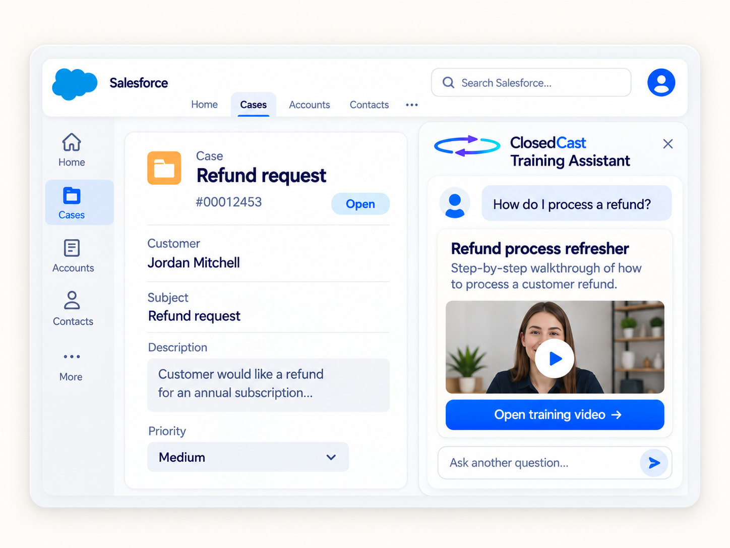 Illustration of a Salesforce refund case beside a ClosedCast training assistant finding a refund refresher video.