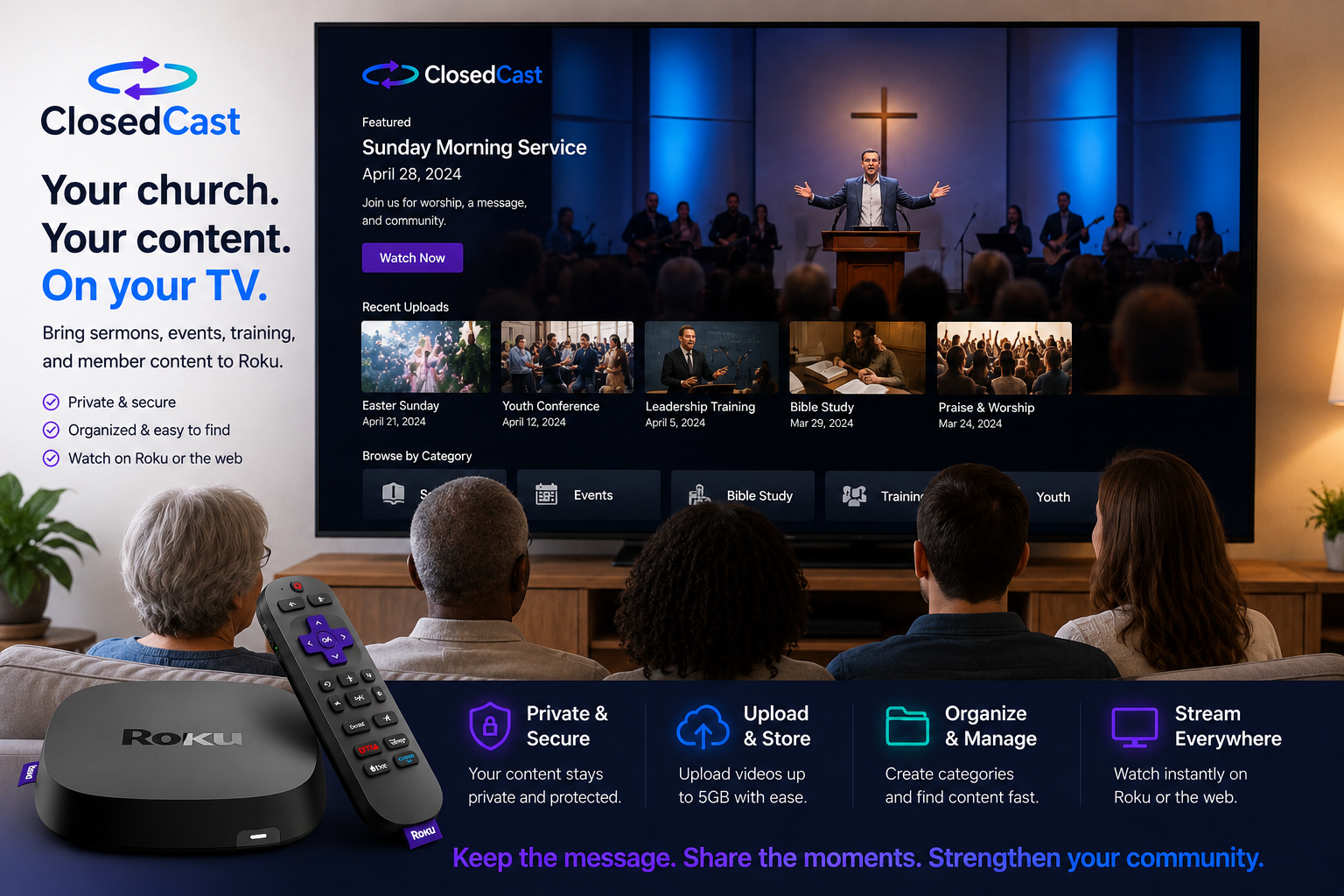 ClosedCast private church streaming archive on Roku