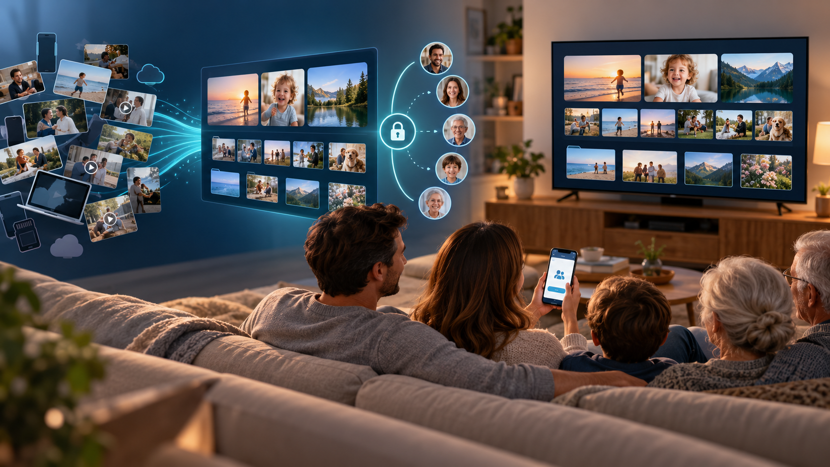 Family videos organized in a private library, shared with invited viewers, and watched together on a television